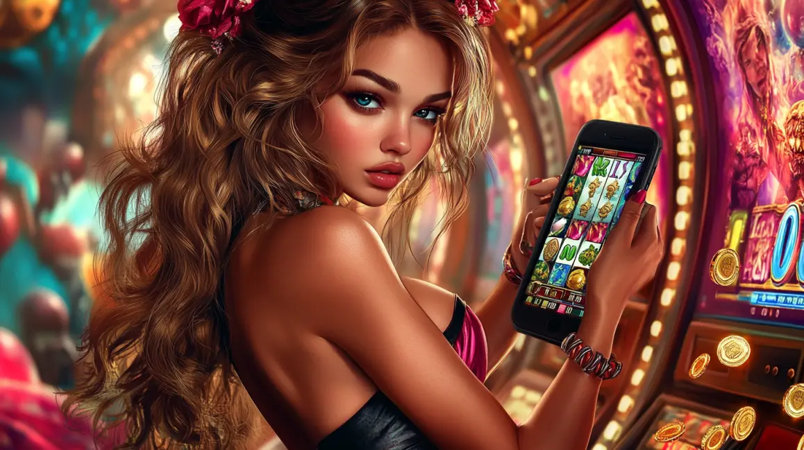 A glamorous woman with curly hair holds a smartphone showing a vibrant slot game, with dice and chips floating around, inviting you to play exciting mobile casino games at 7BETBD.