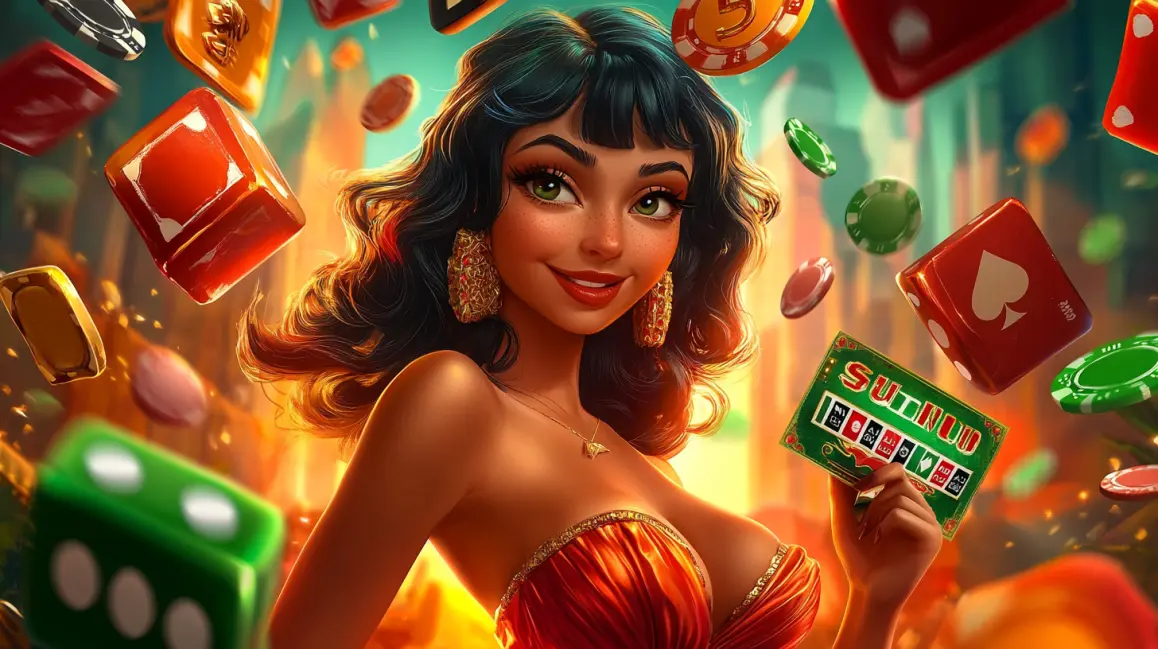 A happy woman with curly black hair holds cash, with a large 'BONUS' sign, as casino chips, cards, and money are flying around, celebrating a win at 7BETBD.