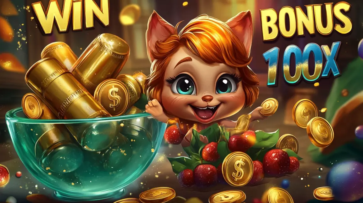 A bowl of coins and drinks with 'BONUS WIN 50X' text, alongside a cute cat character, highlights the massive win potential and fun bonuses at 7BETBD.