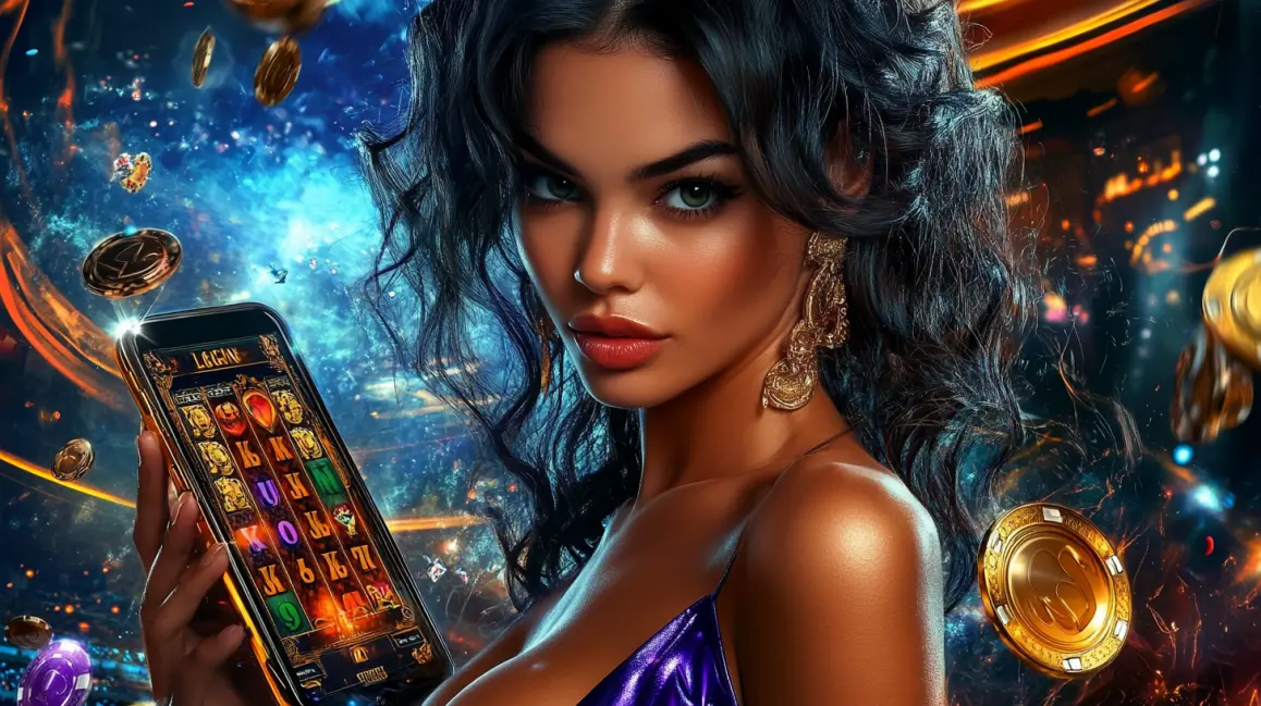 A stylish woman with blue hair and sunglasses holds a phone with a 'LOGIN' button, inviting you to sign in to your 7BETBD account for a fun and rewarding tropical gaming session.