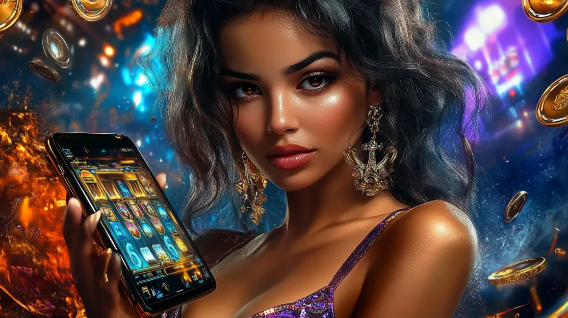 A stylish woman holds a phone with a fun slot game, with the word 'APP' in large letters, inviting you to download the 7BETBD app for a vibrant gaming experience.